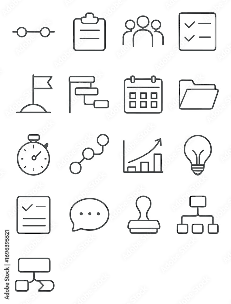 Project management icons in minimalistic line art style: timeline ...