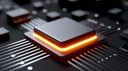 Closeup view of a glowing microchip and intricate circuit board layout against a dark, futuristic technological backdrop