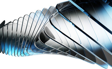 Abstract black 3d background with row of glass transparent square plate shapes render. Futuristic speed design digital tech network bg. Crystal data array with light blue gradient