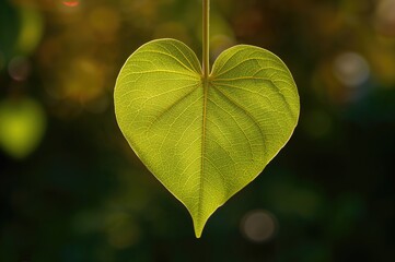 Wall Mural - Close-up of a green leaf shaped like a heart with sunlight filtering through in a natural setting. Area for text. Theme of love and the environment.