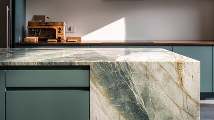 Wall Mural - Modern kitchen design featuring marble countertop with natural light and wooden accents