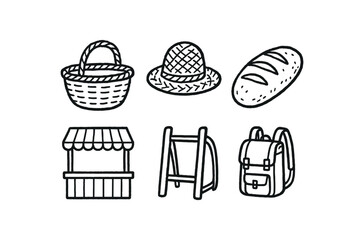 hand drawn cute doodle style line isolated on white background loop handle basket straw weave wicker edge bread loaf market stall pack frame