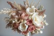 © vxnaghiyev - Stylish beige and pink themed bouquet featuring dried leaves, ivory peonies, dusty pink roses, creamy magnolias, and pampas grass in an anime-inspired wedding design