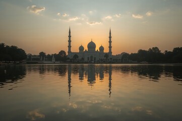 Wall Mural - magnificent sunrise mirrored on a tranquil lake featuring an architectural landmark. image exhibits 