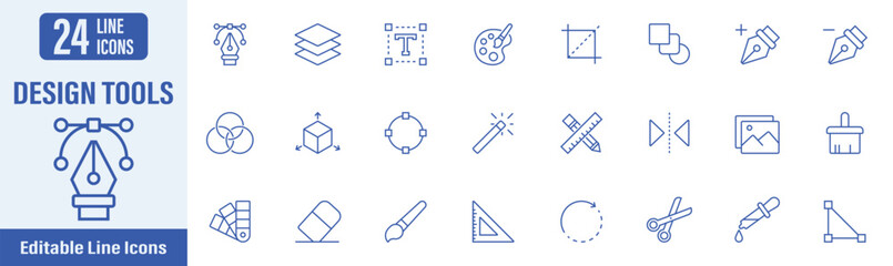 Design Tools web icons in line style. Contains icons as select tool, pen tool, paintbrush, shape tool, layer tool, text, color picker, and more. Vector illustration.