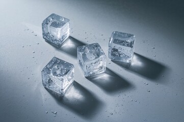 Wall Mural - Transparent ice cubes with droplets on a pale grey surface, top view. Text area available