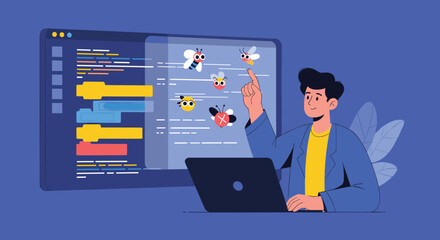 Programmer developing software interacting with animated bugs and insects on a digital screen