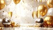© yuttapoom - Glam New Years Eve celebration white and gold background with balloons, disco balls, confetti and champagne glasses with copy space