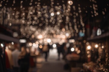 Wall Mural - Out-of-focus hanging string lights inside a covered marketplace