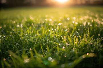 Wall Mural - Radiant morning meadow glittering with fresh dew drops, natural scenery.