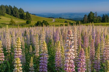 Wall Mural - Lush lupin flowers thriving in a colorful scenery