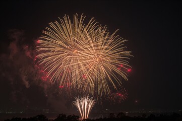 Wall Mural - Stunning red fireworks brighten the dark evening during a celebration or festive occasion.