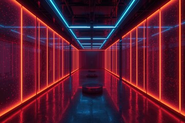 Wall Mural - futuristic sci-fi interior with neon blue and orange lighting, frosted glass panels, and vibrant las