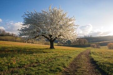 Wall Mural - Flowering Tree in a Springtime Field