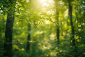 Wall Mural - Vivid green bokeh backdrop of a sun-drenched woodland during summertime