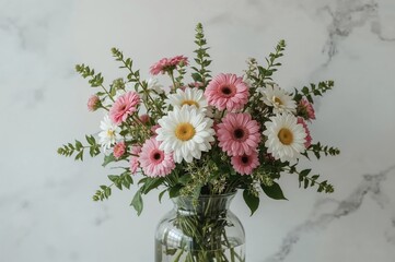 Wall Mural - Elegant floral arrangement in a vase against a marble backdrop, selective focus with filter applied