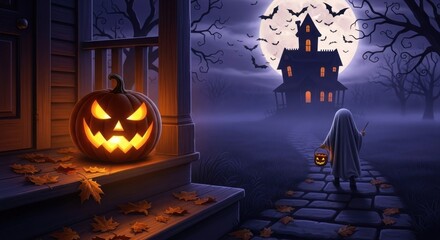 Wall Mural - Spooky halloween night with haunted house and ghost trick or treating for candy
