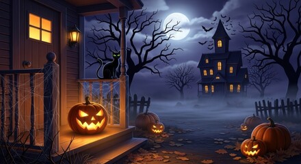 Wall Mural - Spooky halloween night scene with haunted house pumpkins and black cat on porch