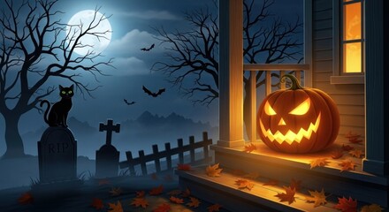 Wall Mural - Spooky halloween night with black cat bats tombstones and glowing jack o lantern
