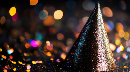Closeup of a dark party hat with colorful bokeh lights in the background