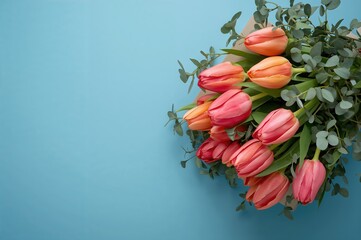Wall Mural - Colorful tulip arrangement with eucalyptus and present on a bright blue surface