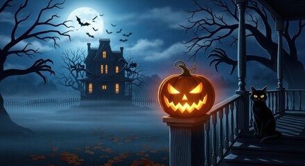 Wall Mural - Spooky halloween night with haunted house pumpkin black cat and full moon scene