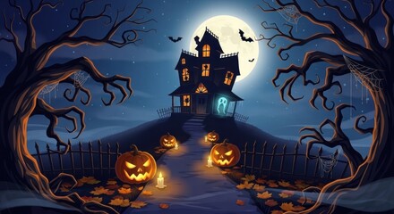 Wall Mural - Spooky haunted house with pumpkins and bats under a full moon on halloween night