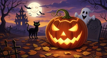 Wall Mural - Spooky halloween night scene with pumpkin ghost black cat and haunted house