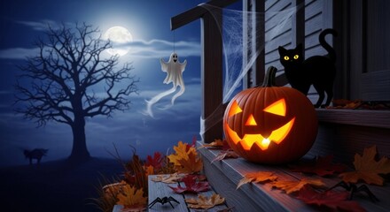 Wall Mural - Spooky halloween night scene with pumpkin ghost black cat and autumn leaves