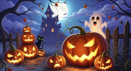 Wall Mural - Spooky halloween night scene with pumpkins haunted house ghost and black cat