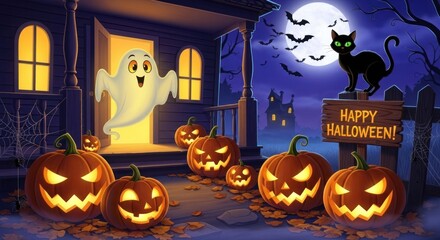 Wall Mural - Spooky halloween night scene with pumpkins ghost and black cat under the moonlight