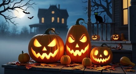 Wall Mural - Spooky jacko'lanterns glowing on a porch with a haunted house in the background