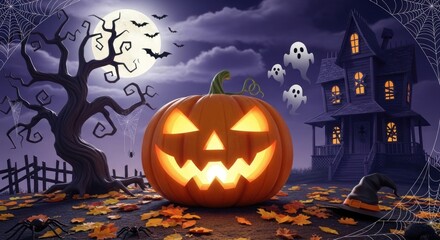 Wall Mural - Spooky halloween night scene with haunted house pumpkin ghosts and bats flying