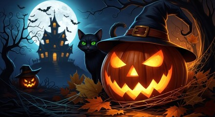 Wall Mural - Spooky halloween night scene with pumpkin black cat haunted house and full moon