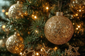 Wall Mural - Stunning Detailed View of a Sparkling Holiday Tree Adorned with Glittering Decorations and Radiant Lights