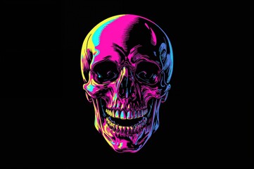 Wall Mural - digital art of a distorted, screaming skull styled with vibrant synthwave colors against a dark back