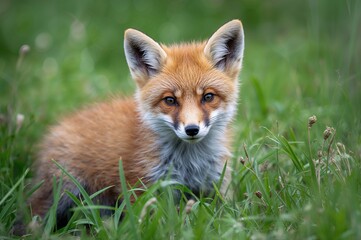 Wall Mural - young fox family in natural spring setting with green grass and white flowers