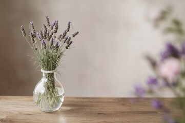 Wall Mural - White vase holding lavender on a wooden surface