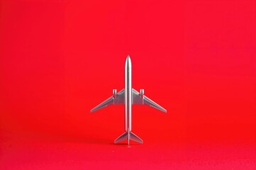 Wall Mural - Metal model airplane placed on a red surface background. Contemporary aircraft displayed against a red setting. Concept of travel and transit.
