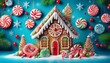 © Rigoberto - a gingerbread house decorated with candy canes and candy canes on a blue background with snowflakes and candy canes generative ai