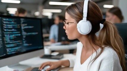Tech Savvy Focus: A focused woman engrossed in lines of code, headphones on, immersed in her work within a modern office environment.  