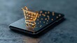 © Yuliia - Glowing shopping cart icon floating over smartphone screen with bokeh effect, symbolizing mobile commerce and digital retail on dark background.