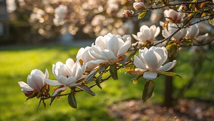 Wall Mural - Blossoming magnolia tree in a garden setting