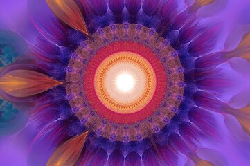 Wall Mural - Brightly colored geometric floral pattern with a prominent star on a complex fractal background