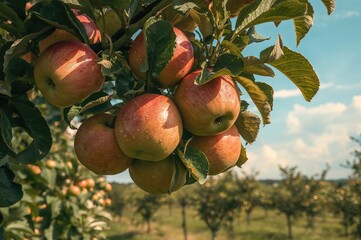 Wall Mural - Clusters of mature apples densely packed on a tree limb in a vibrant orchard. Morning dew. Nutrients. Plant-based diet.
