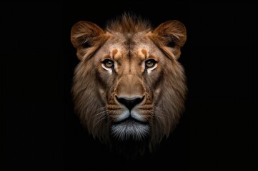Wall Mural - close-up of a lion's face against a dark backdrop