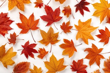 Wall Mural - Collection of various colorful fallen leaves separated on a white backdrop. Fall theme illustration
