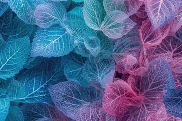 Wall Mural - close-up of translucent skeleton leaves with a vibrant blue, turquoise, and pink textured backdrop. 