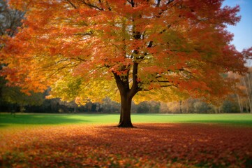 Wall Mural - scenic panorama of a vibrant autumn tree with sunlit fall foliage and space for advertising on the l