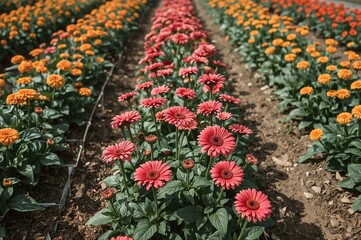 Wall Mural - Gerbera and chrysanthemum blooms growing in farm plots with a backdrop of greenery and springtime foliage